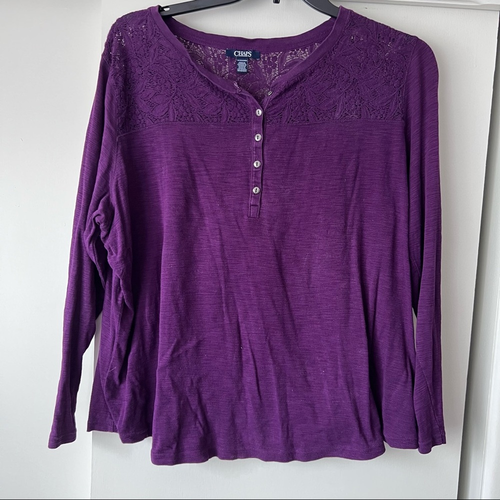 Deep purple long sleeve henley shirt with lace shoulder and neck line